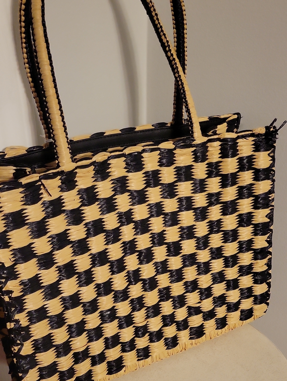 Tory Burch "Ella" Raffia Tote Bag in Black & Natural NWT - Picture 5 of 7